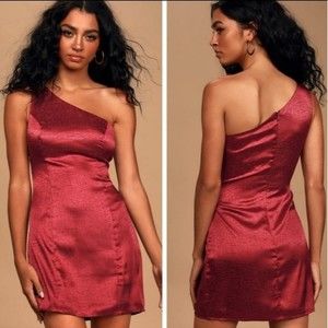 Lulus Dress Lisette Satin One Shoulder Mini Dress Burgundy Red Large NWT